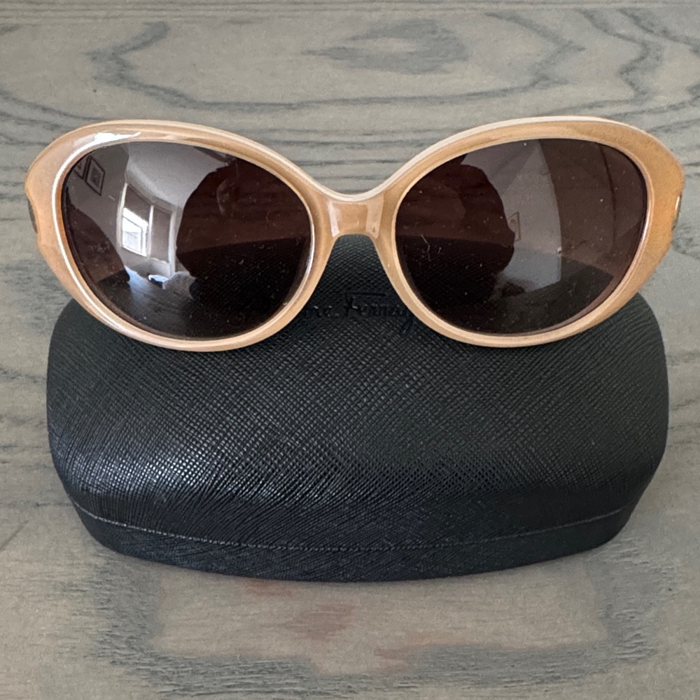 Salvatore Ferragamo Beige Oval Sunglasses with Brown Lenses